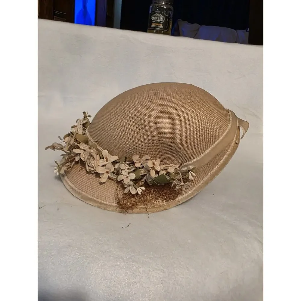 Women's Vintage Straw Cloche Hat with Floral Trim - Beige - Picture 4 of 6